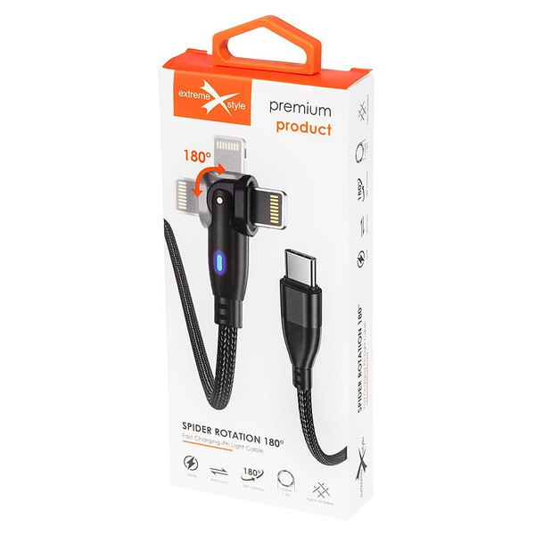 Wzmocniony kabel pleciony Spider Rotation 27W USB typ-C - iPhone Lightning 1.5 m czarny