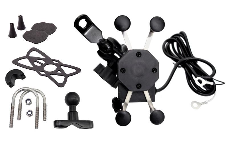 Uchwyt motocyklowy na telefon z USB, 2 mocowania kierownice lusterko
