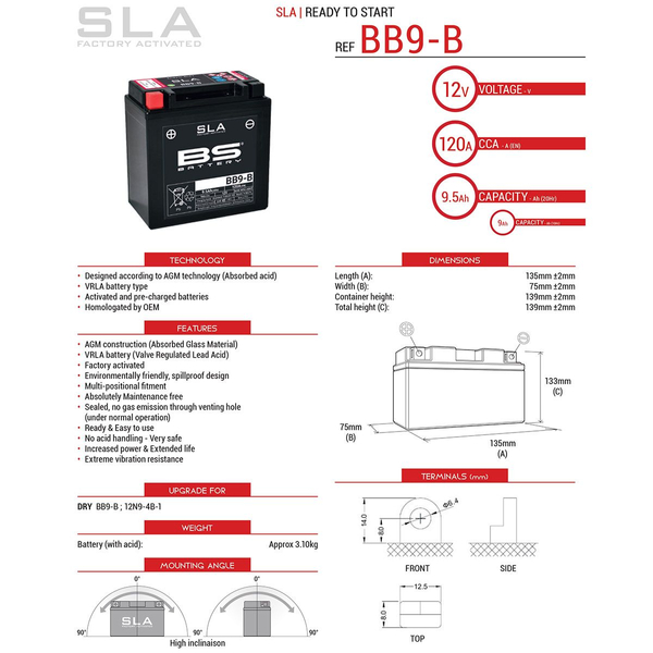 BS akumulator BB9-B (FA) 12V (YB9-B) 9Ah Piaggio Gilera Aprilia Derbi KTM