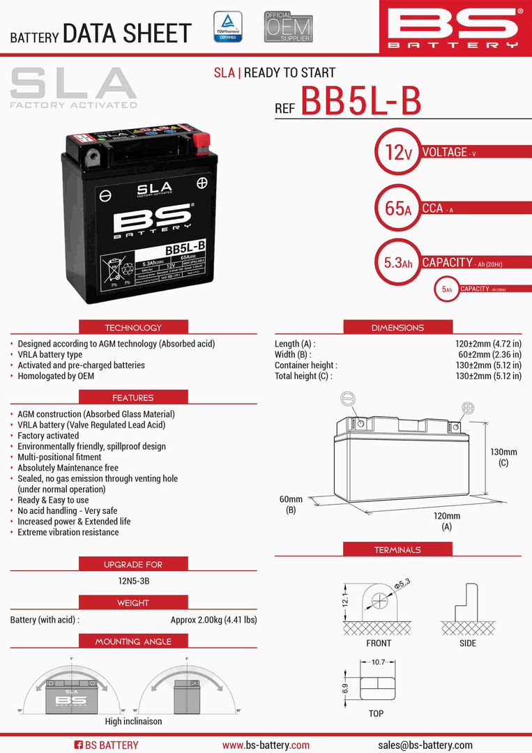 BS akumulator BB5L-B (FA) (YB5L-B) (12N5-3B) 12V 5Ah Honda Yamaha Vespa MBK
