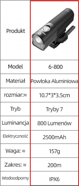 ROCKBROS Lampka rowerowa przednia 800LM (V6-800)