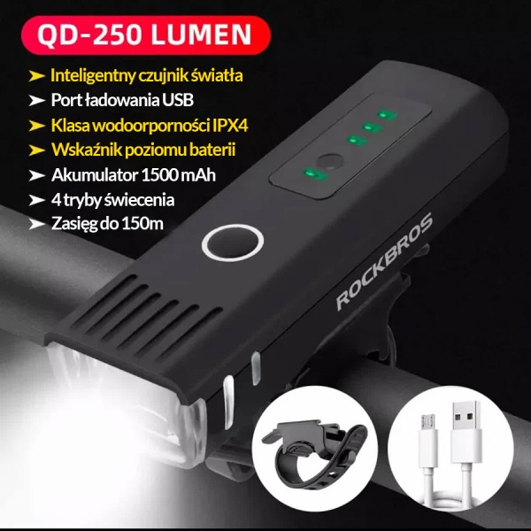ROCKBROS Lampka rowerowa przednia Led IPX4 4 tryby