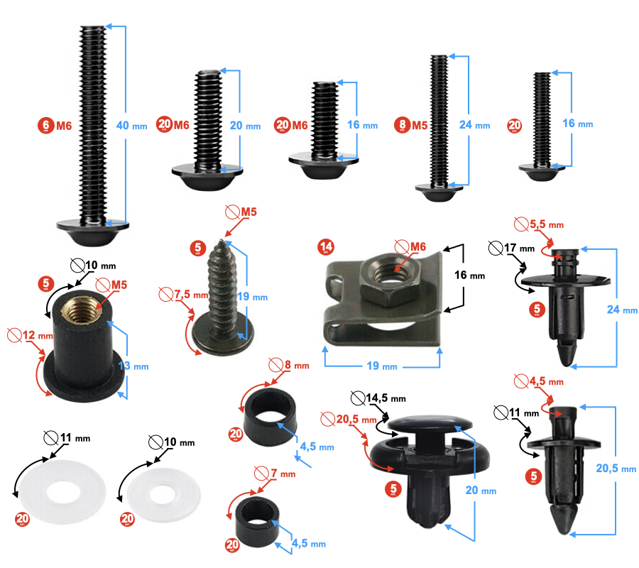 Śruby owiewek z Blaszkami do Owiewki Skuter Quad Zestaw 193szt