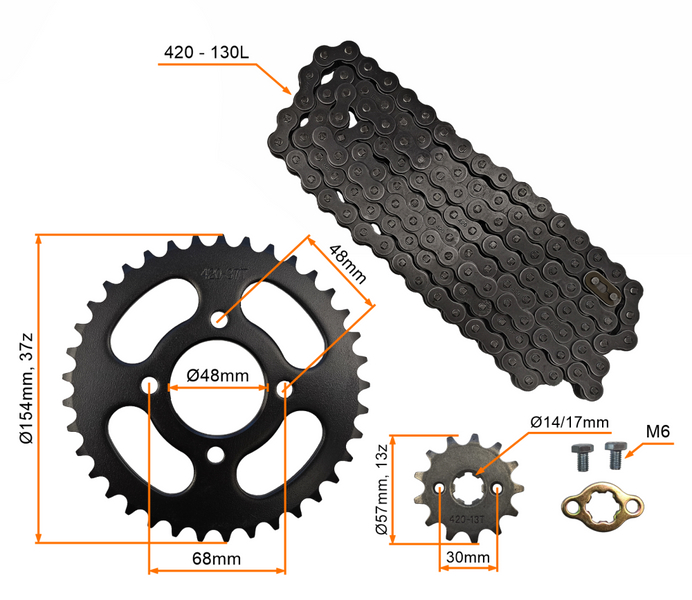 Zestaw napędowy zębatka przód 13z tył 37z łańcuch 420-130L quad atv pitbike