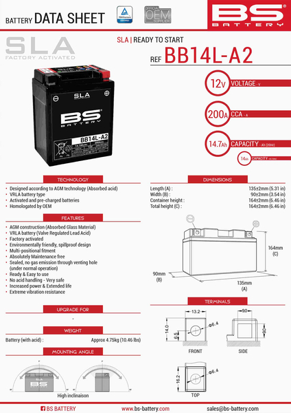 BS akumulator BB14L-A2 (YB14L-A2,YB14L-B2) 12V 14Ah Aprilia Ducati Honda