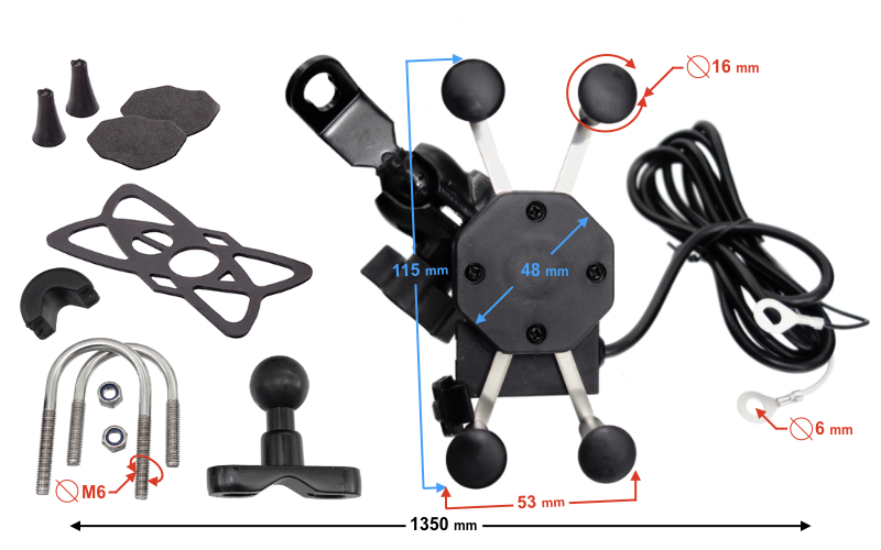 Uchwyt motocyklowy na telefon z USB, 2 mocowania kierownice lusterko