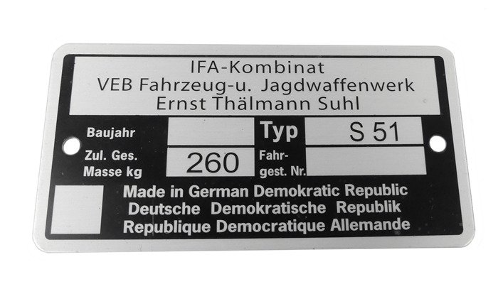 Blacha znamionowa czysta org mza simson s51 ifa