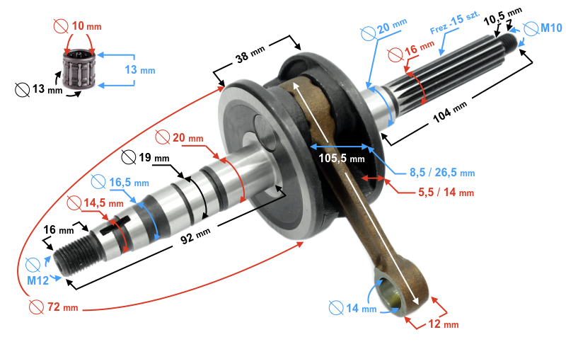 Wał korbowy skuter 2T Barton Firefox Junak 16mm
