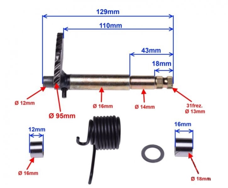 Wałek rozrusznika nożnego GY6 125cc 129mm