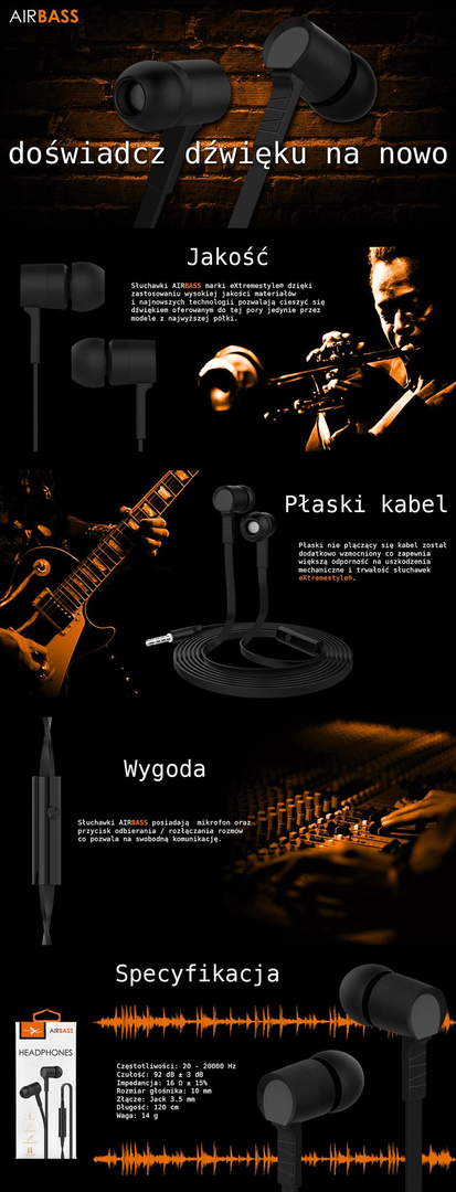 Słuchawki przewodowe stereo douszne eXtreme® AIRBASS czarne