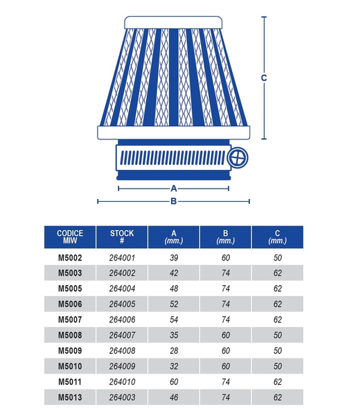 Meiwa filtr powietrza stożkowy chrom 52x74x62mm