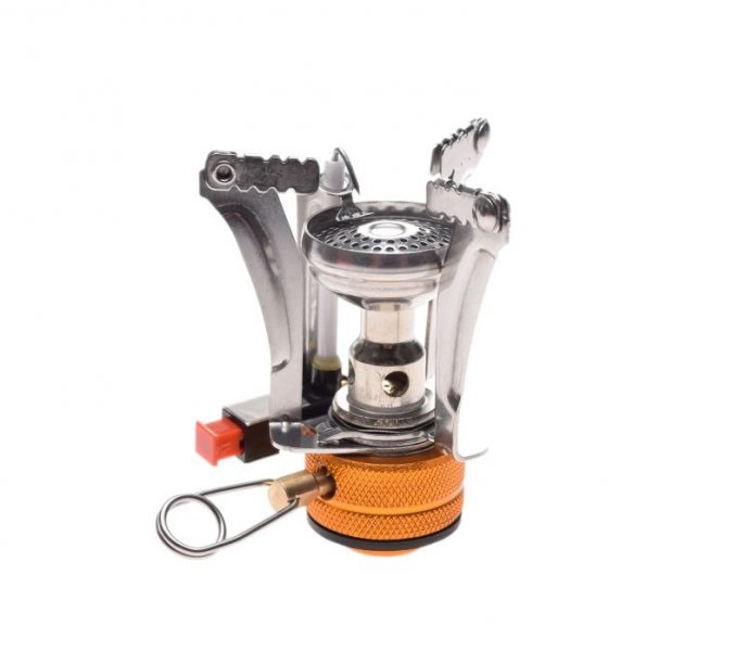 Naczynia turystyczne z palnikiem i sztućcami oraz otwieraczem do butelek