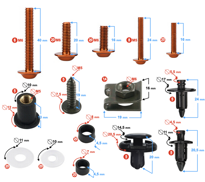 Śruby owiewek uniwersalne aluminiowe pomarańczowe