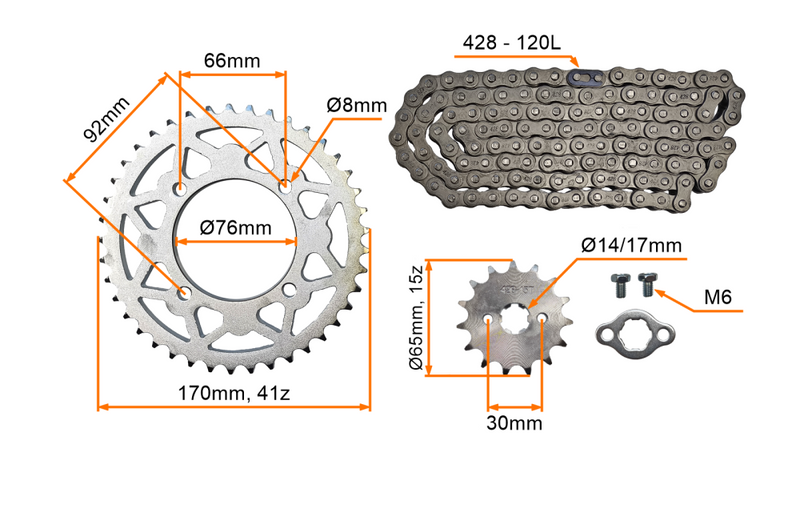 Zestaw napędowy zębatka przód 15z tył 41z łańcuch 428 pitbike MRF KXD Kayo