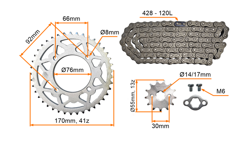 Zestaw napędowy zębatka przód 13z tył 41z łańcuch 428 pitbike MRF KXD Kayo