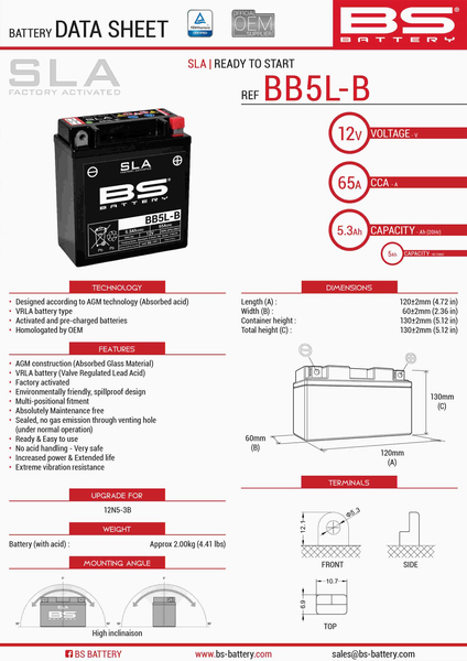 BS akumulator BB5L-B (FA) (YB5L-B) (12N5-3B) 12V 5Ah Honda Yamaha Vespa MBK