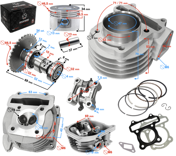 Cylinder głowica 80cc wałek tłok uszczelki popychacz GY6 skuter Barton Zipp
