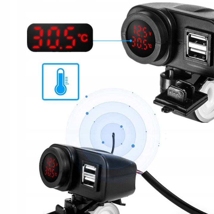 Motocyklowe gniazdo ładowarka 2xUSB 4,2A termometr