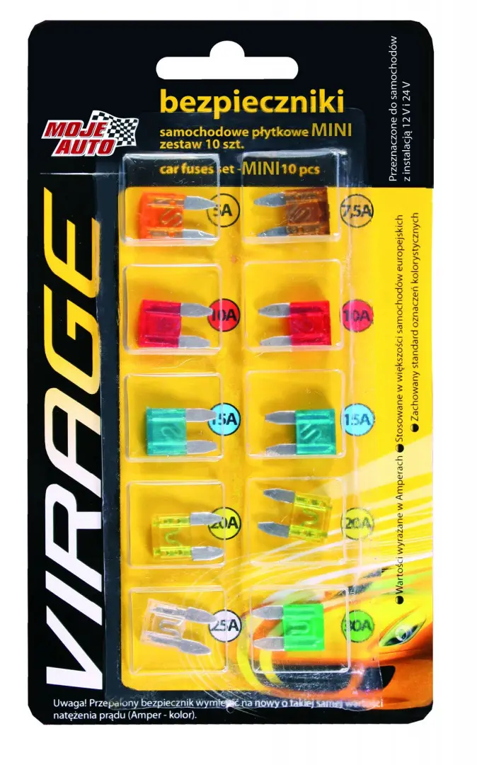 Bezpieczniki MINI płytkowe 5A 7,5A 10A 15A 20A 25A 30A 10 sztuk Moje Auto