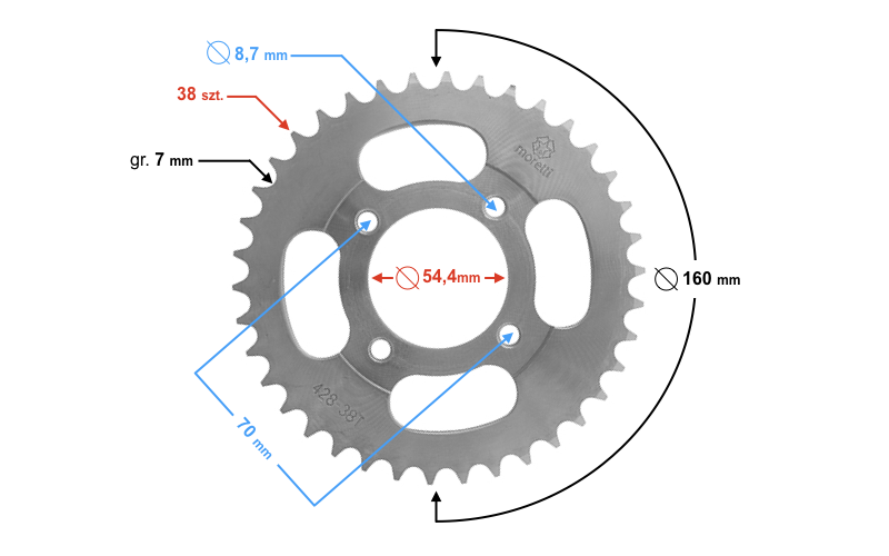 Zębatka tylna Moretti 38z 428 motorower Romet Ogar