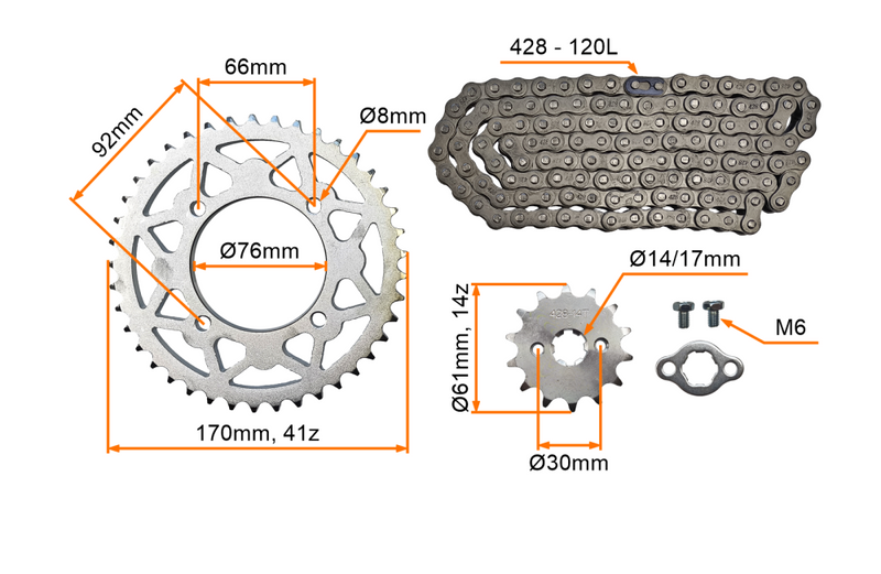 Zestaw napędowy zębatka przód 14z tył 41z łańcuch 428 pitbike MRF KXD Kayo