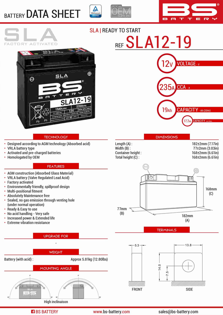 BS akumulator 51913/51814 MAX (FA) (G12-19,SLA12-19,SLA12-22) 12V 21AH BMW