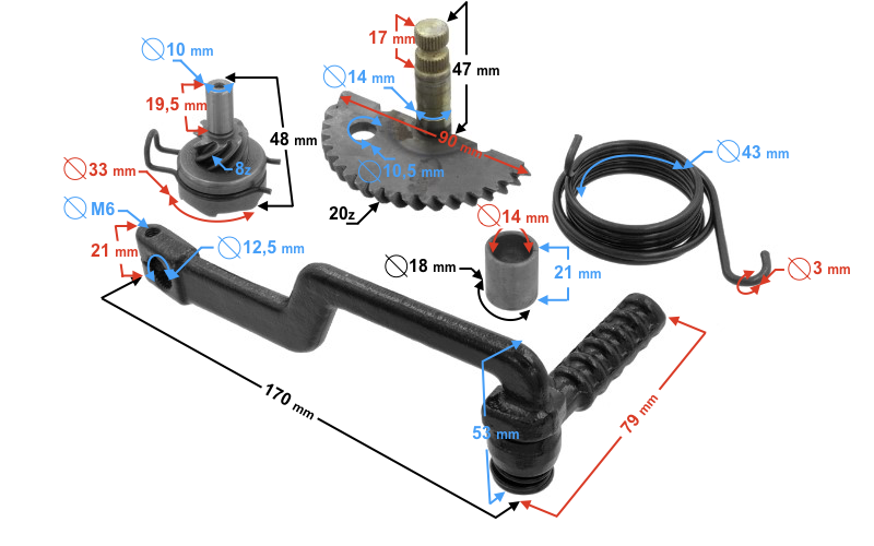 Dźwignia rozrusznika półksiężyc skuter 4T GY6 kpl Tryb 8z