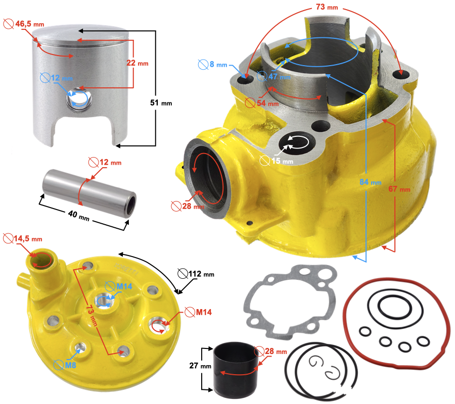 Cylinder i głowica do motoroweru 2T 80cc AM6 żółte Derbi Yamaha Aprilia