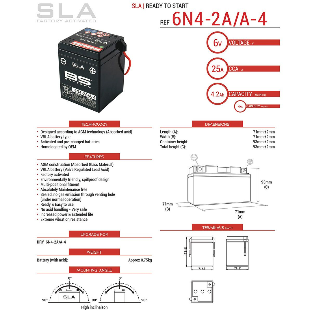 BS akumulator 6N4-2A/A-4 6V 4Ah Honda XL Suzuki B FS FZ GP TS Yamaha AG RS