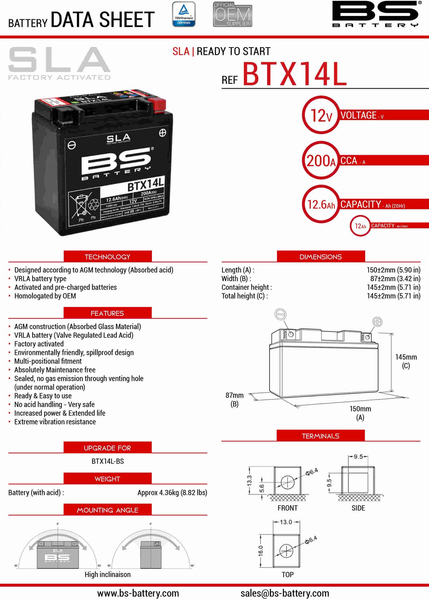 BS akumulator SLA BTX14L (FA) (YTX14L-BS) 12V 12Ah Harley Davidson Buell