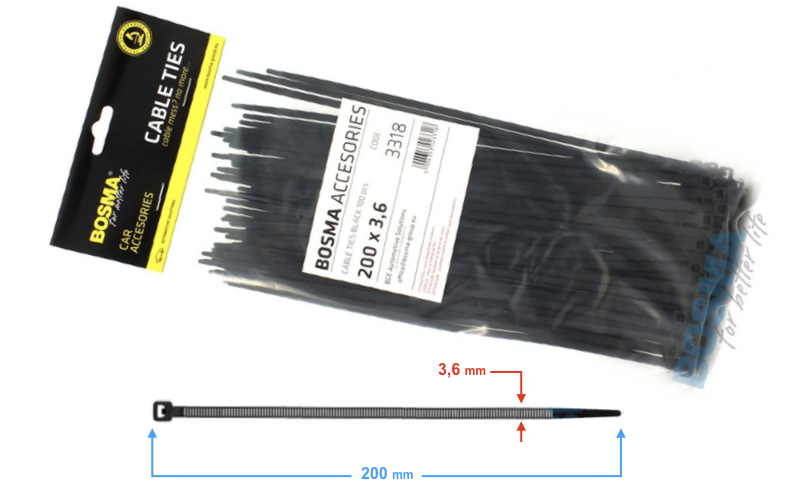 Opaski zaciskowe BOSMA 3,6x200mm czarne 100 sztuk