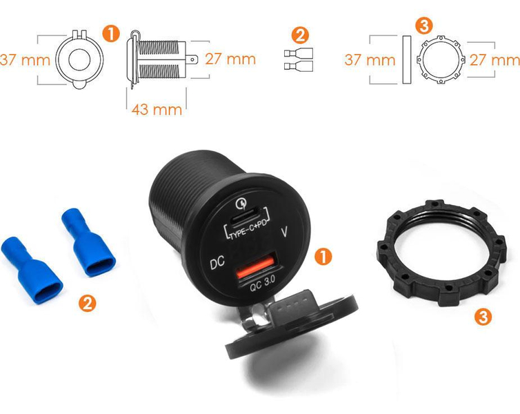 Motocyklowe samochodowe gniazdo zapalniczki ładowarka USB QC + PD