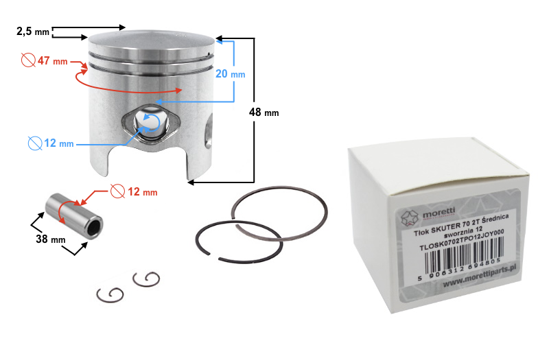 Tłok 47,00mm 70cc skuter 2T sworzeń 12mm Junak Keeway Cpi Romet Yamaha