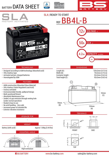 BS akumulator BB4L-B (YB4L-B) 12V 4Ah Aprilia RS 50 Kawasaki Suzuki Yamaha