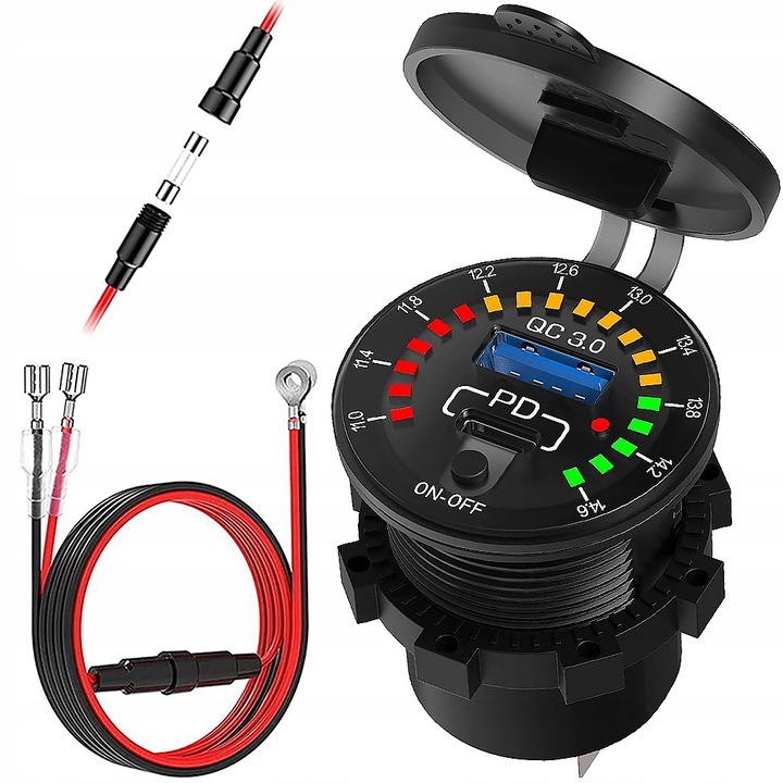 Motocyklowa ładowarka QC3.0 USB 18W, USB-C 30W 12/24V