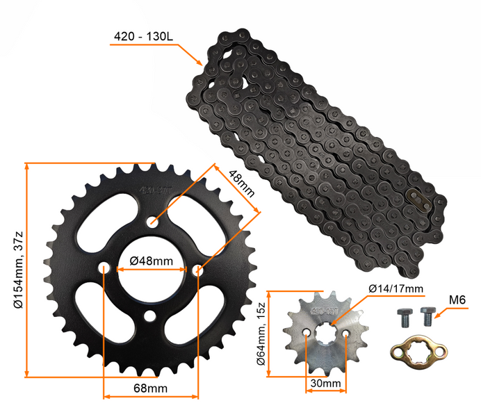 Zestaw napędowy zębatka przód 15z tył 37z łańcuch 420-130L quad atv pitbike