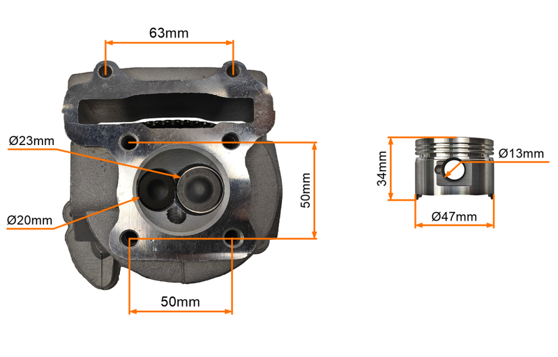 Cylinder 47m głowica 4T GY6 80cc bez odpowietrzenia z wałkiem