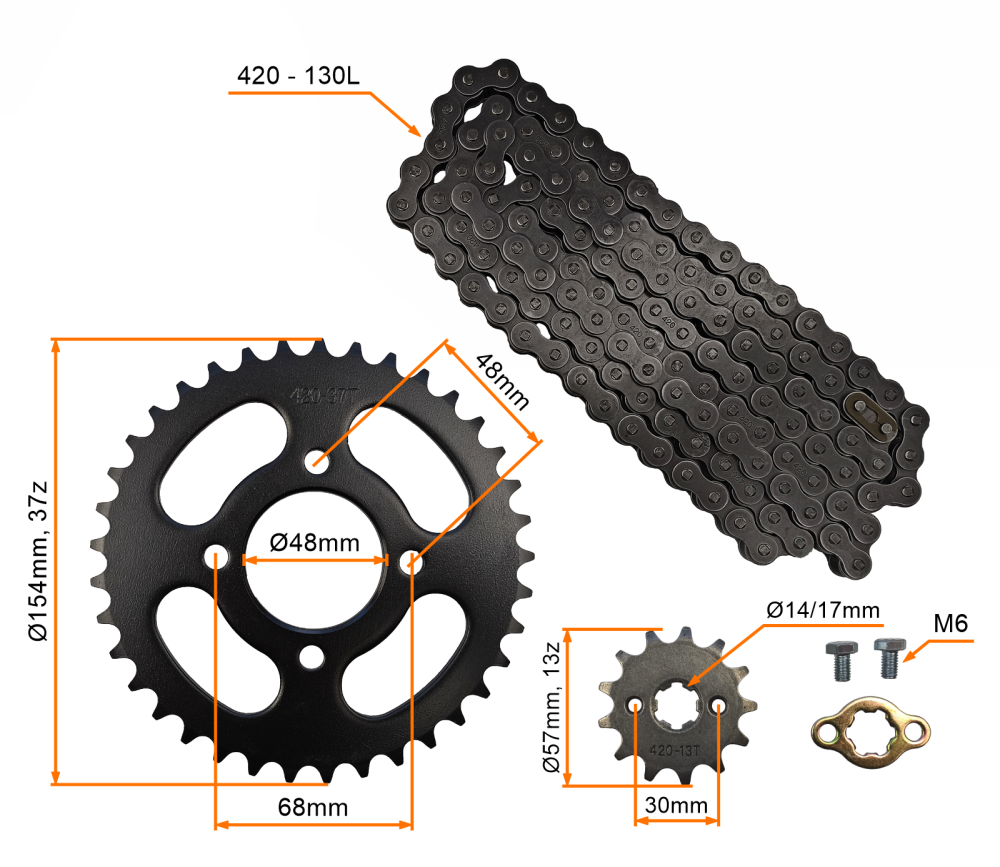 Zestaw napędowy zębatka przód 13z tył 37z łańcuch 420-130L quad atv pitbike