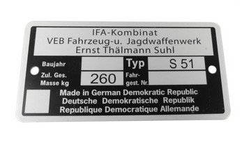 Blacha znamionowa czysta org mza simson s51 ifa