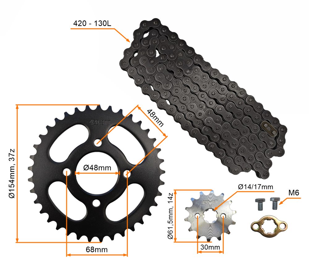 Zestaw napędowy zębatka przód 14z tył 37z łańcuch 420-130L quad atv pitbike