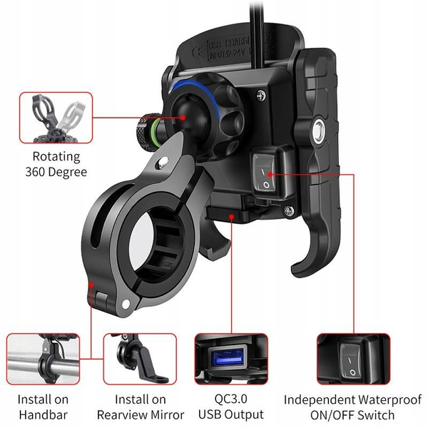 Uchwyt motocyklowy z ładowarką do telefonu qc 3.0