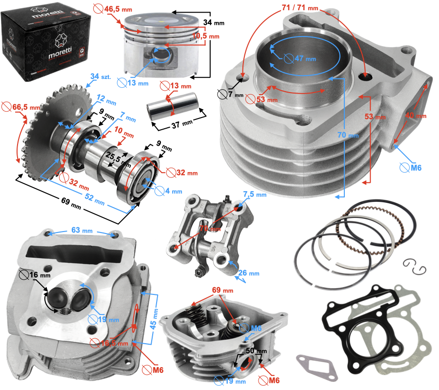 Cylinder głowica 80cc wałek tłok uszczelki popychacz GY6 skuter Barton Zipp
