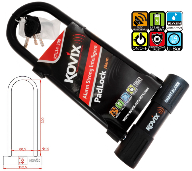 Kłódka U-Lock  z Alarmem KOVIX KTL14-300 Czarna