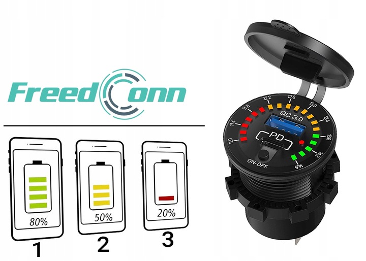 Motocyklowa ładowarka QC3.0 USB 18W, USB-C 30W 12/24V