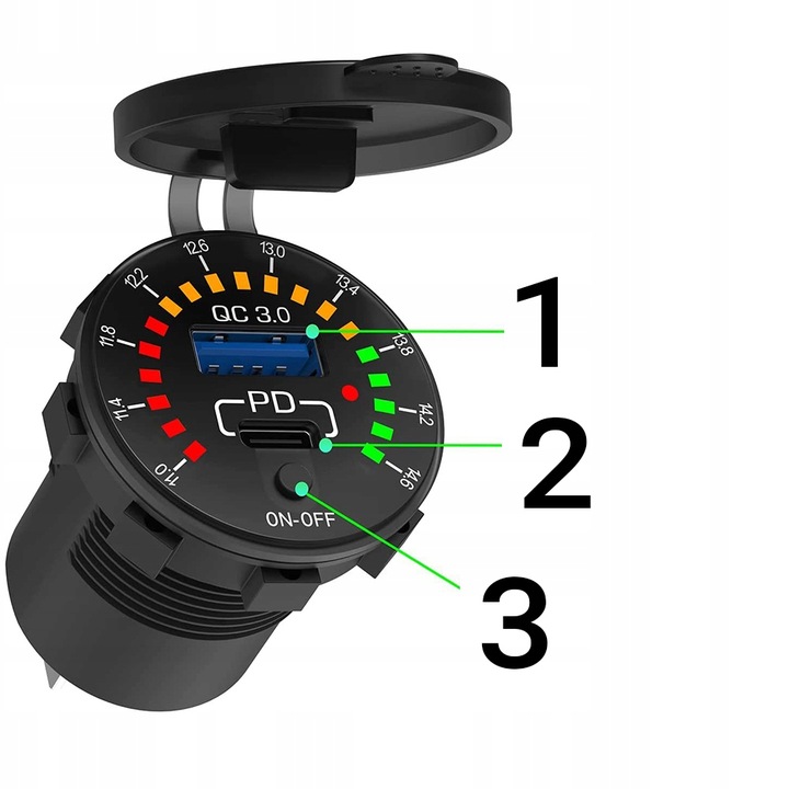 Motocyklowa ładowarka QC3.0 USB 18W, USB-C 30W 12/24V