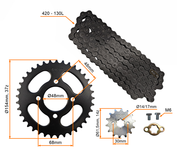 Zestaw napędowy zębatka przód 14z tył 37z łańcuch 420-130L quad atv pitbike