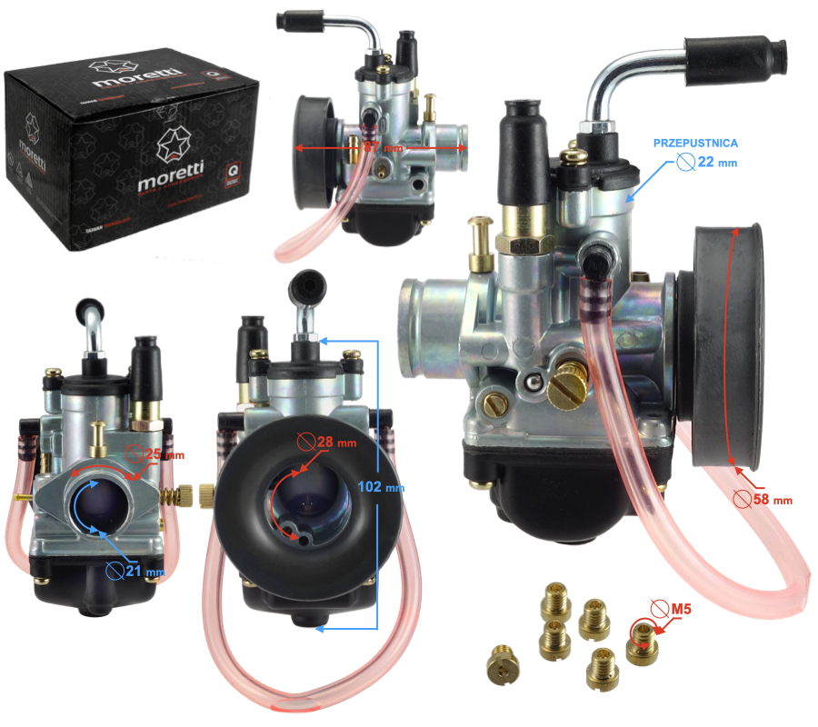Gaźnik Moretti AM6 50cc 2T, p.22mm ssanie manualne