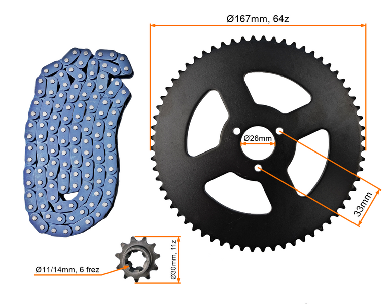 Zestaw napędowy T8F-120 ogniw zębatka 11z + 64z pocket bike cross pitbike
