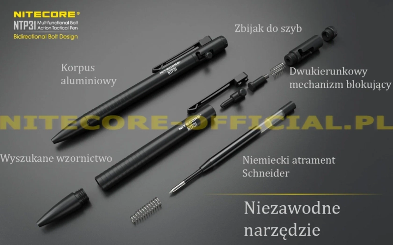 Długopis taktyczny Nitecore końcówka wolframowa rozbijanie szkła samoobrona