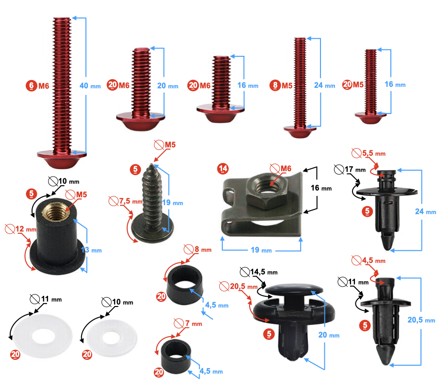 Śruby owiewek uniwersalne aluminiowe czerwone